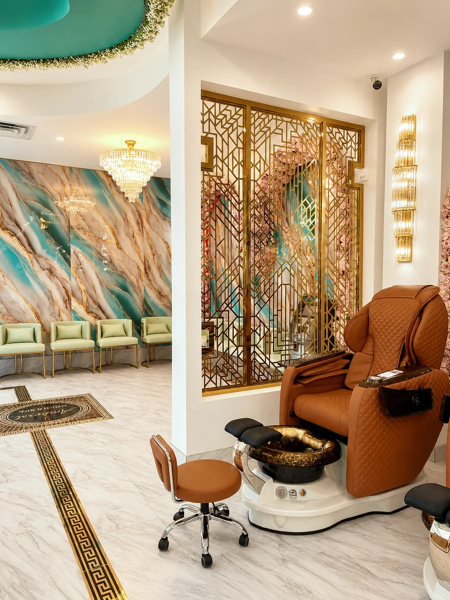 Amherst Nails spa pedicure chair with gold screen