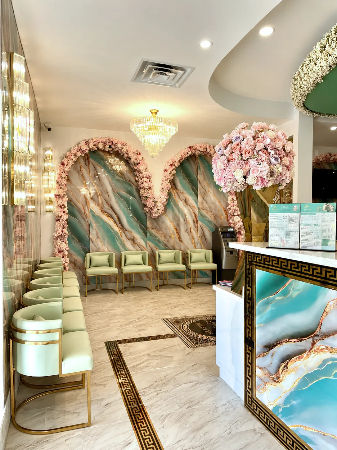 Amherst Nails waiting area with marble arch decor